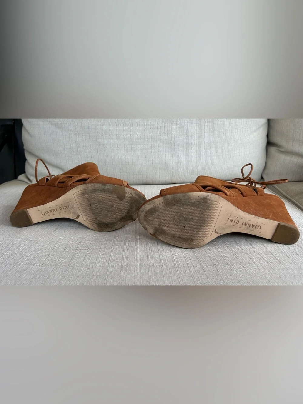 Gianni Bini Suede Lace-Up Heels in Cognac Brown